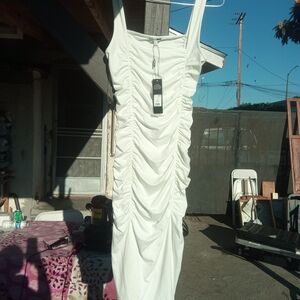 Ruched White Tank Midi Dress - Unbranded